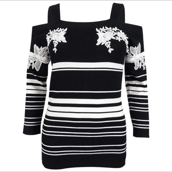 INC International Concepts Sweaters - Women’s INC XXL Black White Striped Embroidered Cold Shoulder Sweater